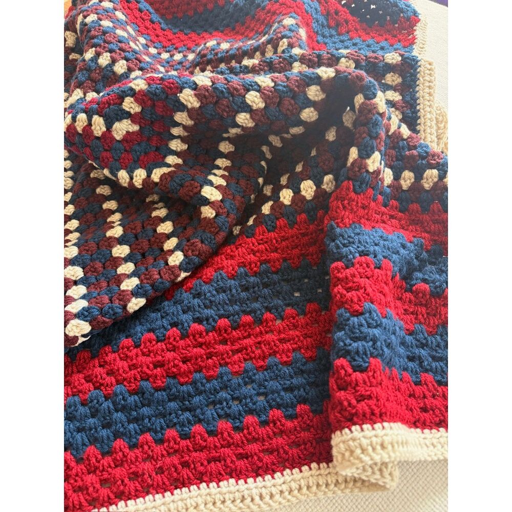 Handmade Crochet Granny Square Lap Throw Blanket Red Blue Cream 30x54